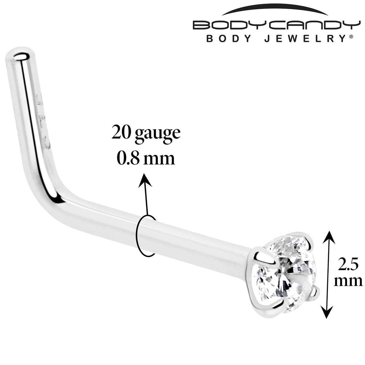20G Gold Plated 925 Sterling Silver 2mm CZ L-Shape Nose Ring